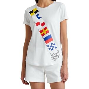 Lauren Ralph Lauren Women’s White Flag Short Sleeve Jersey Tee‎  Sz M